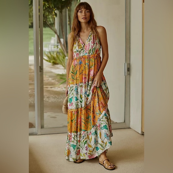 Anthropologie PQ Tiered Floral Shimmery Maxi Dress Womens Medium Large New Boho - Picture 1 of 9